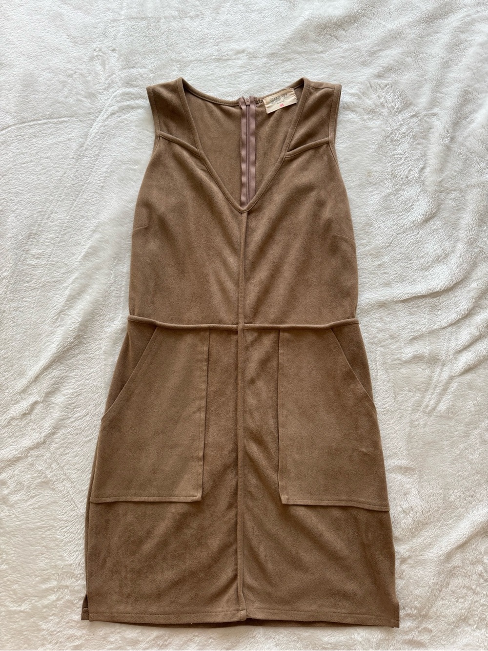 Sexy Suede Camel Vneck Mini Dress with Pockets